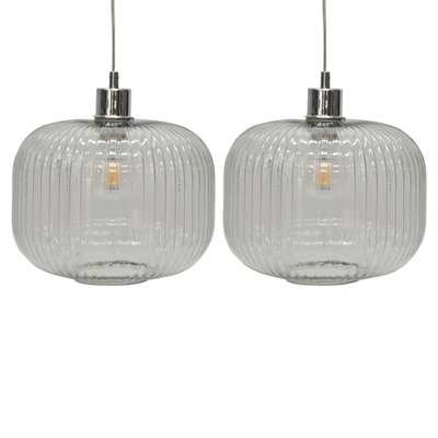 First Choice Lighting Set of 2 Batley Large Clear Ribbed Glass Easy Fit Pendant Shades