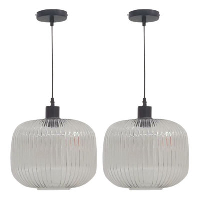 First Choice Lighting Set of 2 Batley Large Clear Ribbed Glass with Black Pendant Fittings