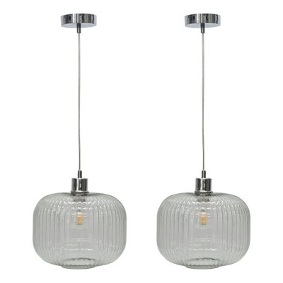 First Choice Lighting Set of 2 Batley Large Clear Ribbed Glass with Chrome Pendant Fittings