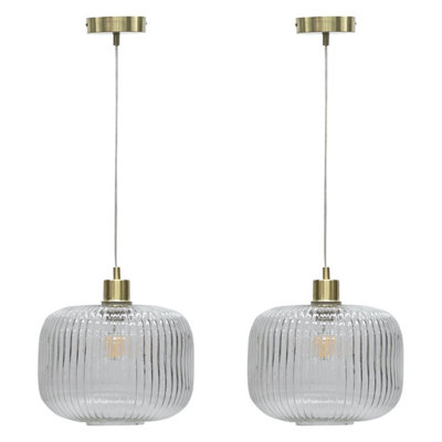 First Choice Lighting Set of 2 Batley Large Clear Ribbed Glass with Satin Brass Pendant Fittings
