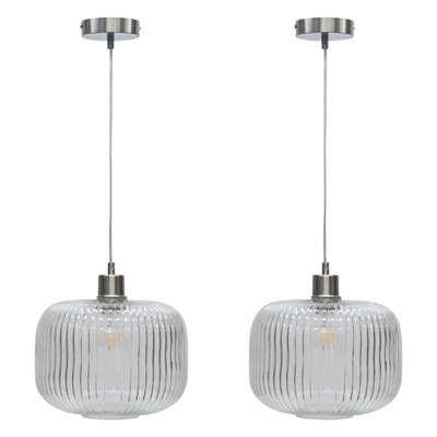 First Choice Lighting Set of 2 Batley Large Clear Ribbed Glass with Satin Nickel Pendant Fittings