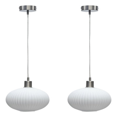 First Choice Lighting Set of 2 Baton White Ribbed Oval Glass with Satin Nickel Pendant Fittings