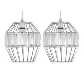 First Choice Lighting Set of 2 Beaded Chrome Cage Pendant Shade with Clear Prism Detail