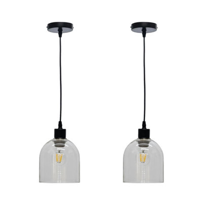 First Choice Lighting Set of 2 Belten Clear Glass Cloche with Black Pendant Fittings