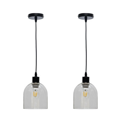 First Choice Lighting Set of 2 Belten Clear Glass Cloche with Black Pendant Fittings