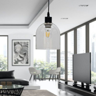 First Choice Lighting Set of 2 Belten Clear Glass Cloche with Black Pendant Fittings