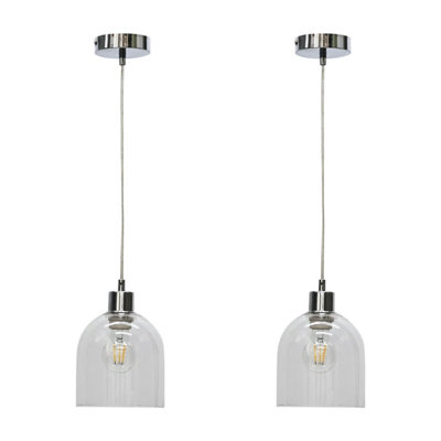First Choice Lighting Set of 2 Belten Clear Glass Cloche with Chrome Pendant Fittings