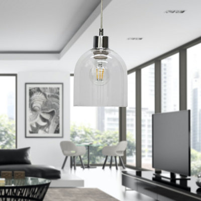 First Choice Lighting Set of 2 Belten Clear Glass Cloche with Chrome Pendant Fittings