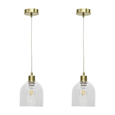 First Choice Lighting Set of 2 Belten Clear Glass Cloche with Satin Brass Pendant Fittings