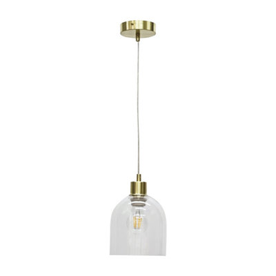 First Choice Lighting Set of 2 Belten Clear Glass Cloche with Satin Brass Pendant Fittings