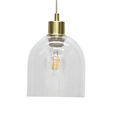 First Choice Lighting Set of 2 Belten Clear Glass Cloche with Satin Brass Pendant Fittings