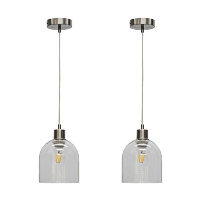 First Choice Lighting Set of 2 Belten Clear Glass Cloche with Satin Nickel Pendant Fittings