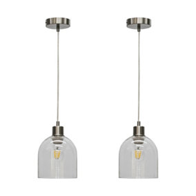 First Choice Lighting Set of 2 Belten Clear Glass Cloche with Satin Nickel Pendant Fittings