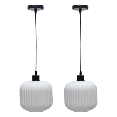 First Choice Lighting Set of 2 Bento White Ribbed Glass with Black Pendant Fittings