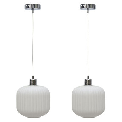 First Choice Lighting Set of 2 Bento White Ribbed Glass with Chrome Pendant Fittings