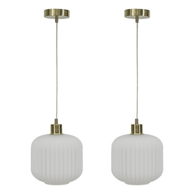 First Choice Lighting Set of 2 Bento White Ribbed Glass with Satin Brass Pendant Fittings