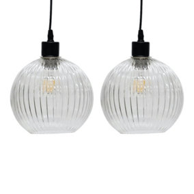 First Choice Lighting Set of 2 Betchley Clear Ribbed Glass Globe Easy Fit Pendant Shades