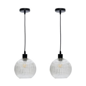 First Choice Lighting Set of 2 Betchley Clear Ribbed Glass Globe with Black Pendant Fittings
