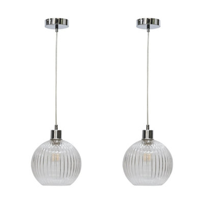 First Choice Lighting Set of 2 Betchley Clear Ribbed Glass Globe with Chrome Pendant Fittings