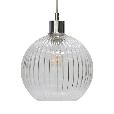 First Choice Lighting Set of 2 Betchley Clear Ribbed Glass Globe with Chrome Pendant Fittings