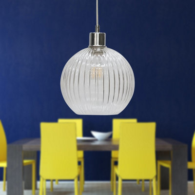 First Choice Lighting Set of 2 Betchley Clear Ribbed Glass Globe with Chrome Pendant Fittings
