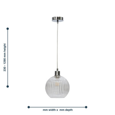 First Choice Lighting Set of 2 Betchley Clear Ribbed Glass Globe with Chrome Pendant Fittings