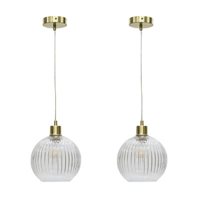First Choice Lighting Set of 2 Betchley Clear Ribbed Glass Globe with Satin Brass Pendant Fittings