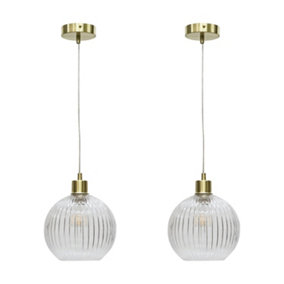 First Choice Lighting Set of 2 Betchley Clear Ribbed Glass Globe with Satin Brass Pendant Fittings