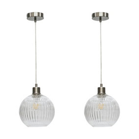 First Choice Lighting Set of 2 Betchley Clear Ribbed Glass Globe with Satin Nickel Pendant Fittings