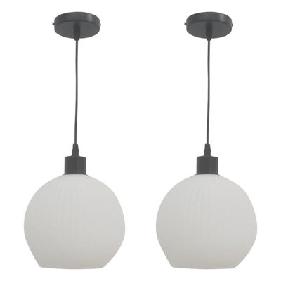 First Choice Lighting Set of 2 Betchley White Ribbed Glass Globe with Black Pendant Fittings