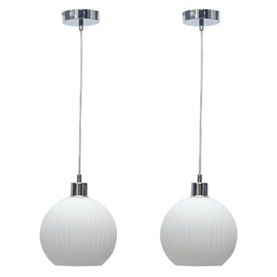 First Choice Lighting Set of 2 Betchley White Ribbed Glass Globe with Chrome Pendant Fittings