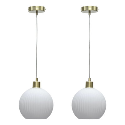 First Choice Lighting Set of 2 Betchley White Ribbed Glass Globe with Satin Brass Pendant Fittings