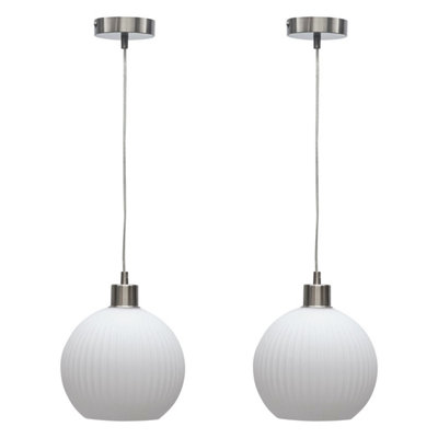 First Choice Lighting Set of 2 Betchley White Ribbed Glass Globe with Satin Nickel Pendant Fittings