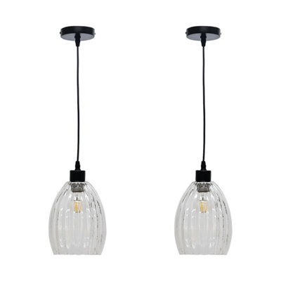 First Choice Lighting Set of 2 Birch Clear Fluted Glass with Black Pendant Fittings
