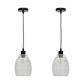 First Choice Lighting Set of 2 Birch Clear Fluted Glass with Black Pendant Fittings
