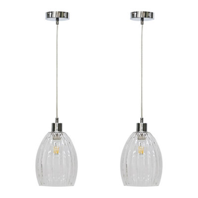 First Choice Lighting Set of 2 Birch Clear Fluted Glass with Chrome Pendant Fittings