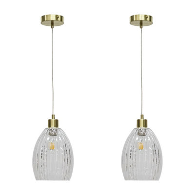 First Choice Lighting Set of 2 Birch Clear Fluted Glass with Satin Brass Pendant Fittings