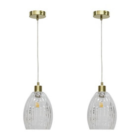 First Choice Lighting Set of 2 Birch Clear Fluted Glass with Satin Brass Pendant Fittings