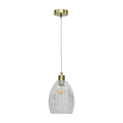 First Choice Lighting Set of 2 Birch Clear Fluted Glass with Satin Brass Pendant Fittings
