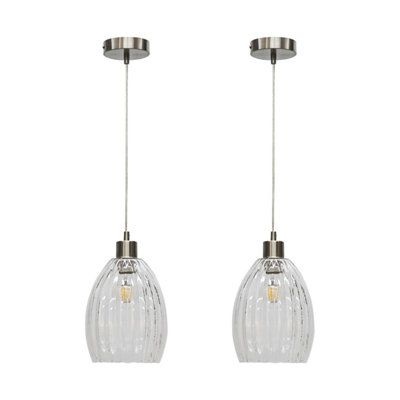 First Choice Lighting Set of 2 Birch Clear Fluted Glass with Satin Nickel Pendant Fittings