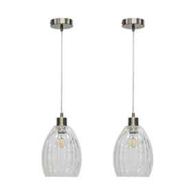 First Choice Lighting Set of 2 Birch Clear Fluted Glass with Satin Nickel Pendant Fittings