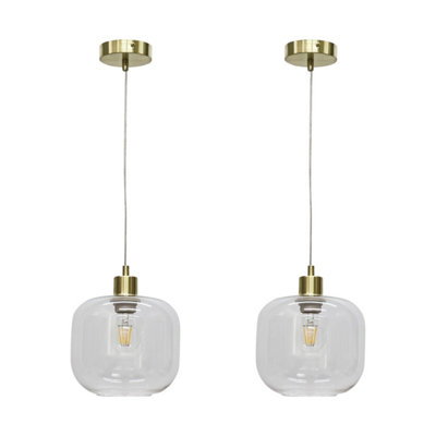 First Choice Lighting Set of 2 Bletch Clear Glass with Satin Brass Pendant Fittings