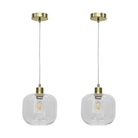 First Choice Lighting Set of 2 Bletch Clear Glass with Satin Brass Pendant Fittings