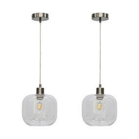 First Choice Lighting Set of 2 Bletch Clear Glass with Satin Nickel Pendant Fittings