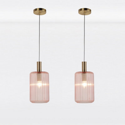 First Choice Lighting Set of 2 Blush Pink and Gold Fluted Glass Design Pendant Fittings