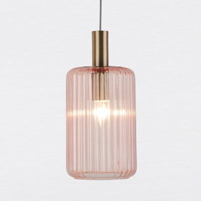 First Choice Lighting Set of 2 Blush Pink and Gold Fluted Glass Design Pendant Fittings