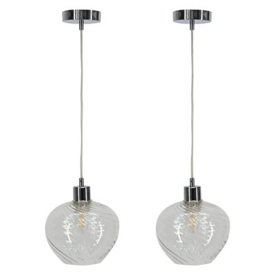 First Choice Lighting Set of 2 Bradson Clear Swirl Glass with Chrome Pendant Fittings