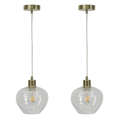 First Choice Lighting Set of 2 Bradson Clear Swirl Glass with Satin Brass Pendant Fittings