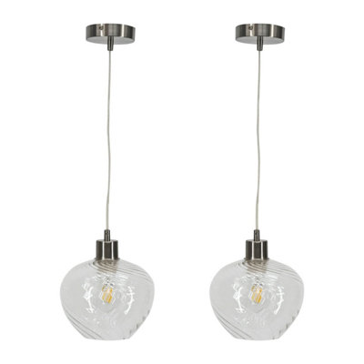 First Choice Lighting Set of 2 Bradson Clear Swirl Glass with Satin Nickel Pendant Fittings