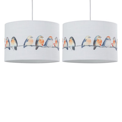 First Choice Lighting Set of 2 Branch Bird Print Linen Easy Fit 30cm Pendant Shades